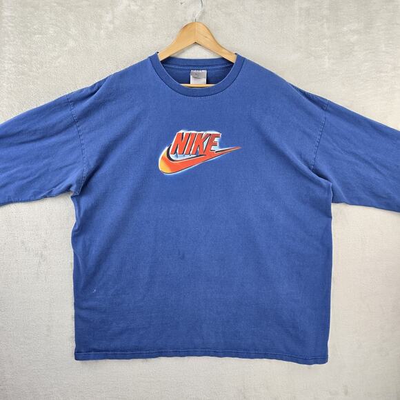 Vintage Nike Shirt Mens XXL Blue Center Swoosh Long Sleeve Hit 90s Y2K USA Made - Picture 2 of 12